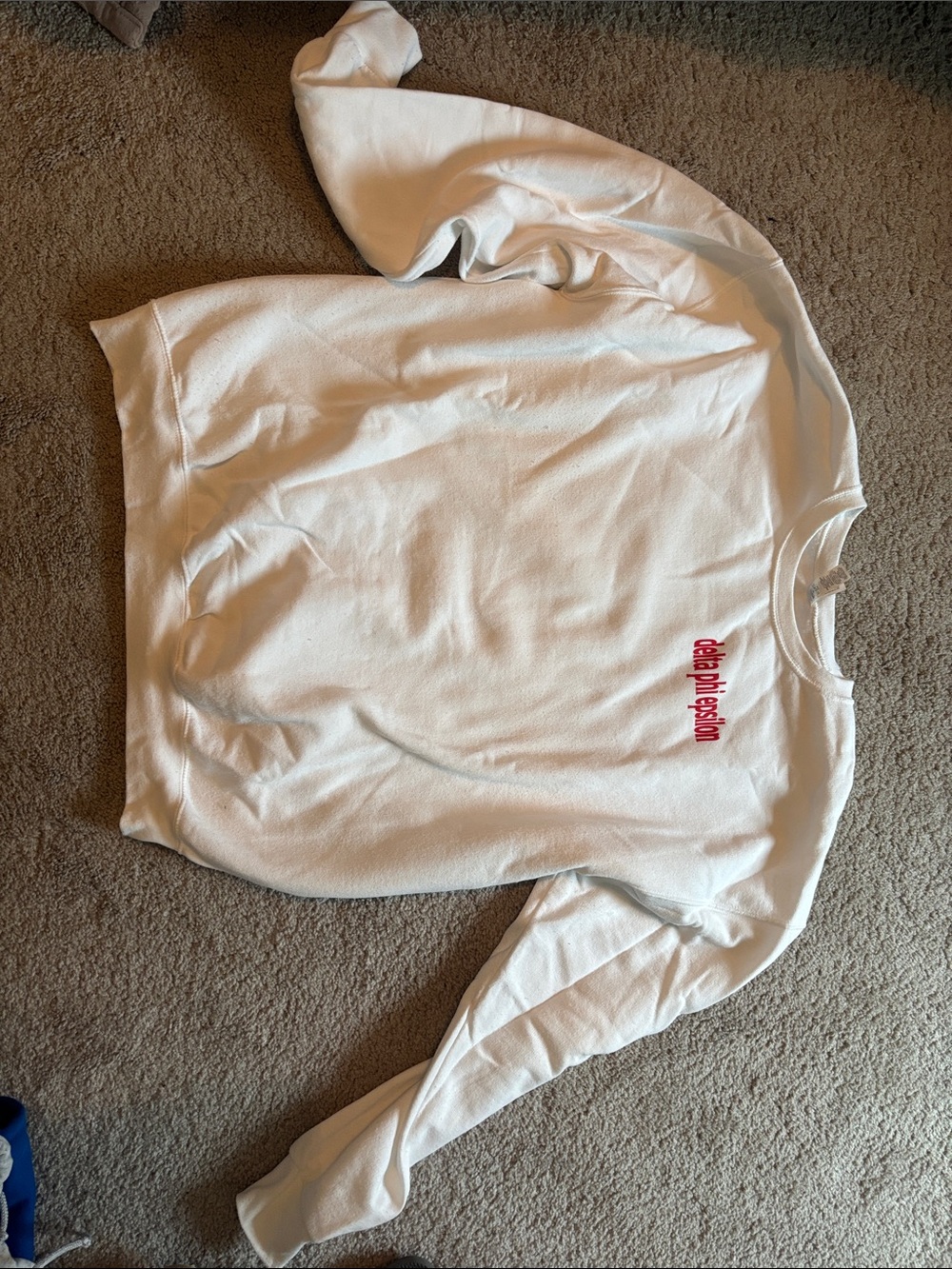 White Crewneck Sweatshirt with Red Delta Phi Epsilon Logo